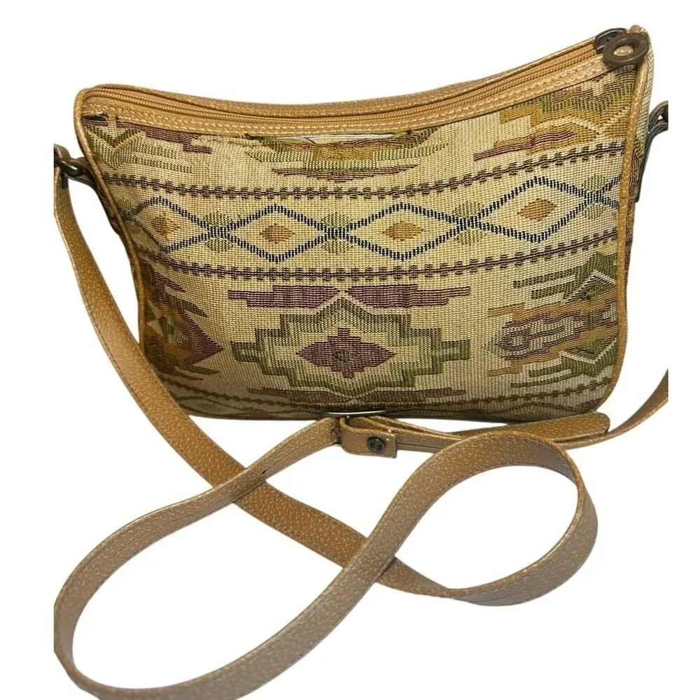 Vintage 90s Tan Aztec Southwestern Tribal Tapestry Purse Crossbody Bag